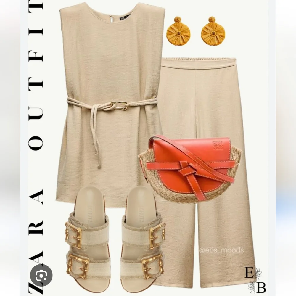 Zara Set 2 Pc belted Top and Wide Pants Size S